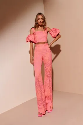 Conjunto top y pantalón palazzo jacquard rosa y naranja flúor Lily