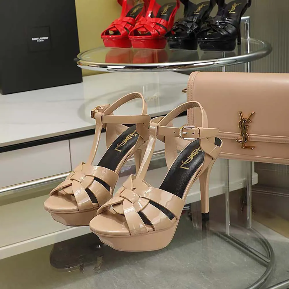 Saint Laurent YSL Sandalias Mujer Tribute Plataforma en Piel Lisa-Beige