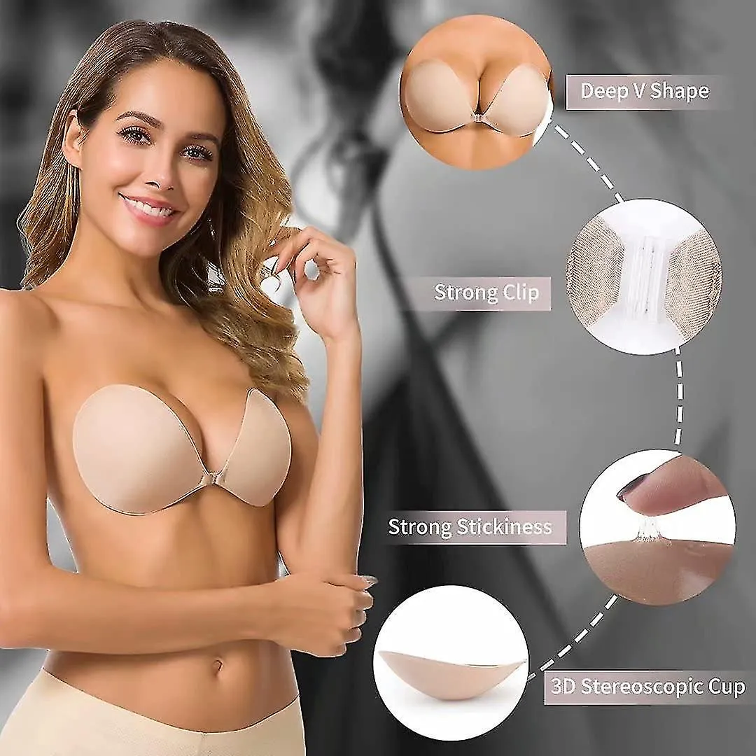Un sujetador adhesivo nude strapless sticky invisible push up silicone bra para vestido sin espalda con cubiertas de pezón nude